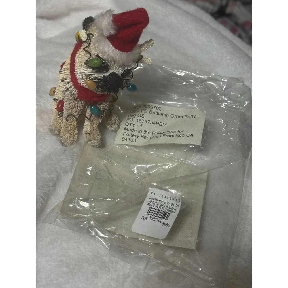 Pottery‎ Barn Bottlebrush Party Pug Christmas Ornament Santa Hat Lights 3095702